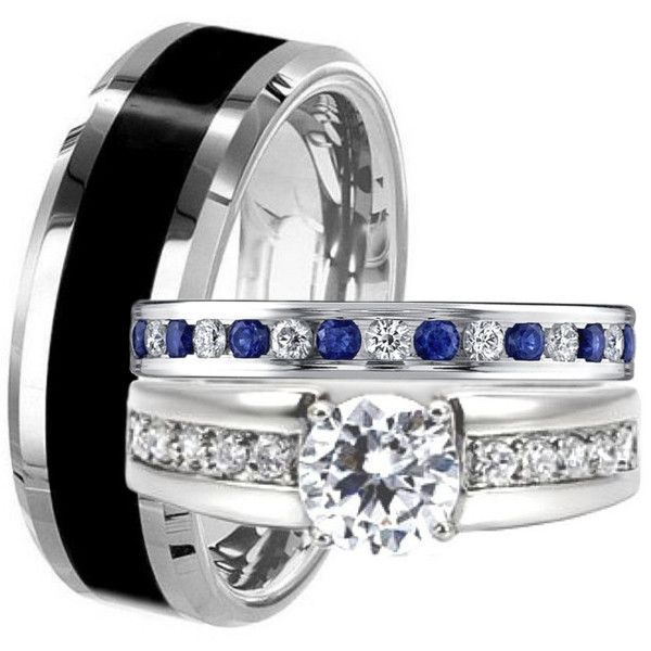 black tungsten stainless steel his hers blue sapphire cz wedding band ring set - Sapphire Wedding Ring Sets black tungsten stainless steel his hers blue sapphire cz wedding band ring set - Sapphire Wedding Ring Sets