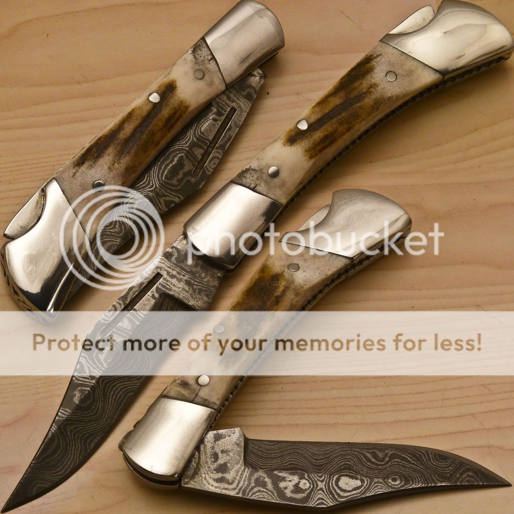 Custom Michelle Johnsons Damascus Folding Knife Stag Antler Handle BK