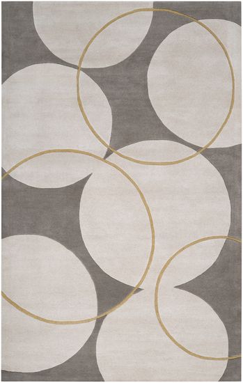 Contemporary Wool Geometric Area Rug Carved Rectangle Circle Ivory Beige Mustard
